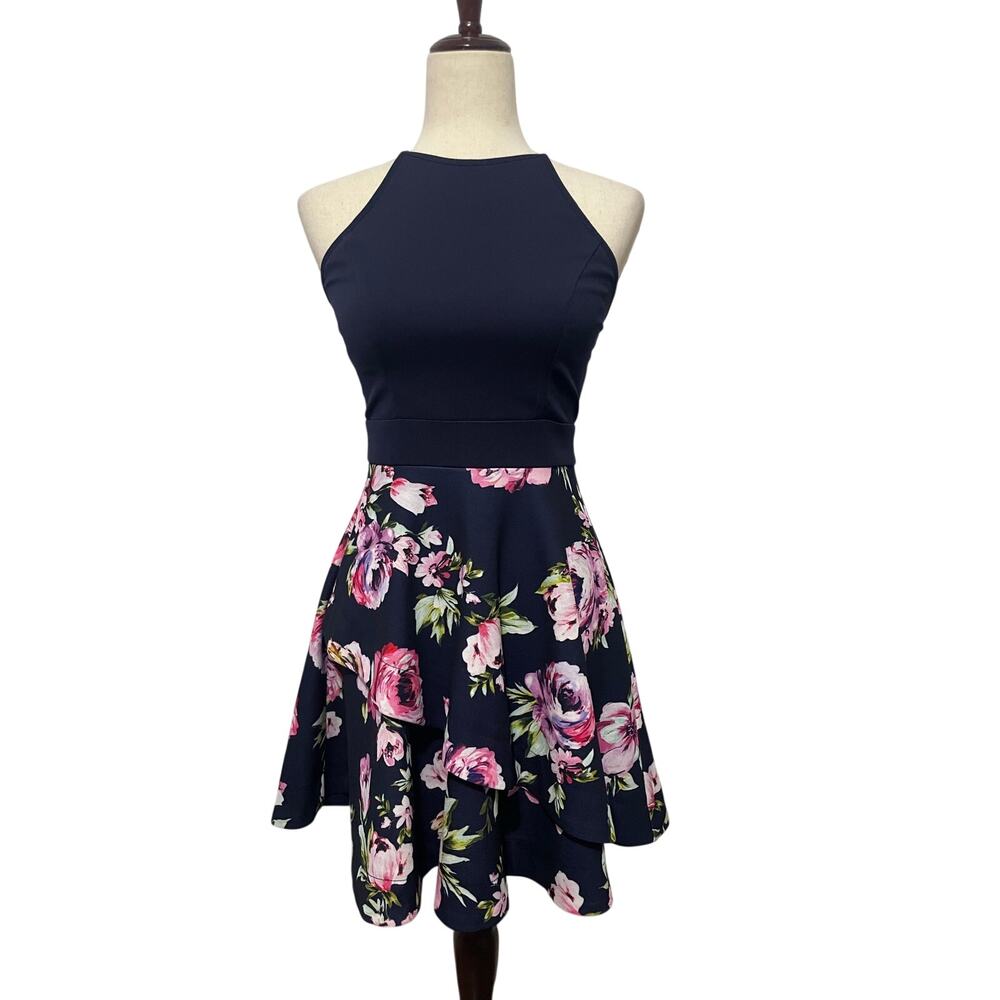 Speechless Women's Juniors Navy Floral High Neck Mini Dress Size 3